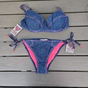 TYR Hot Shot Denim Underwire Bra (XL) & Tie Bottom (L) Bikini Pink Denim NEW